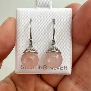 BBJ Rose Quartz Pink Ball Natural Gemstone 925 Sterling Silver Earrings Filigree